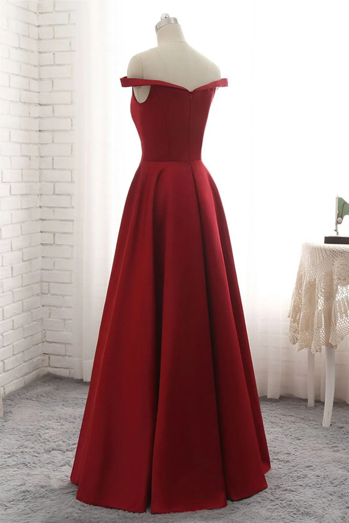 Off Shoulder Burgundy Satin Long Prom Dresses, Off the Shoulder Burgundy Formal Dresses, Burgundy Evening Dresses