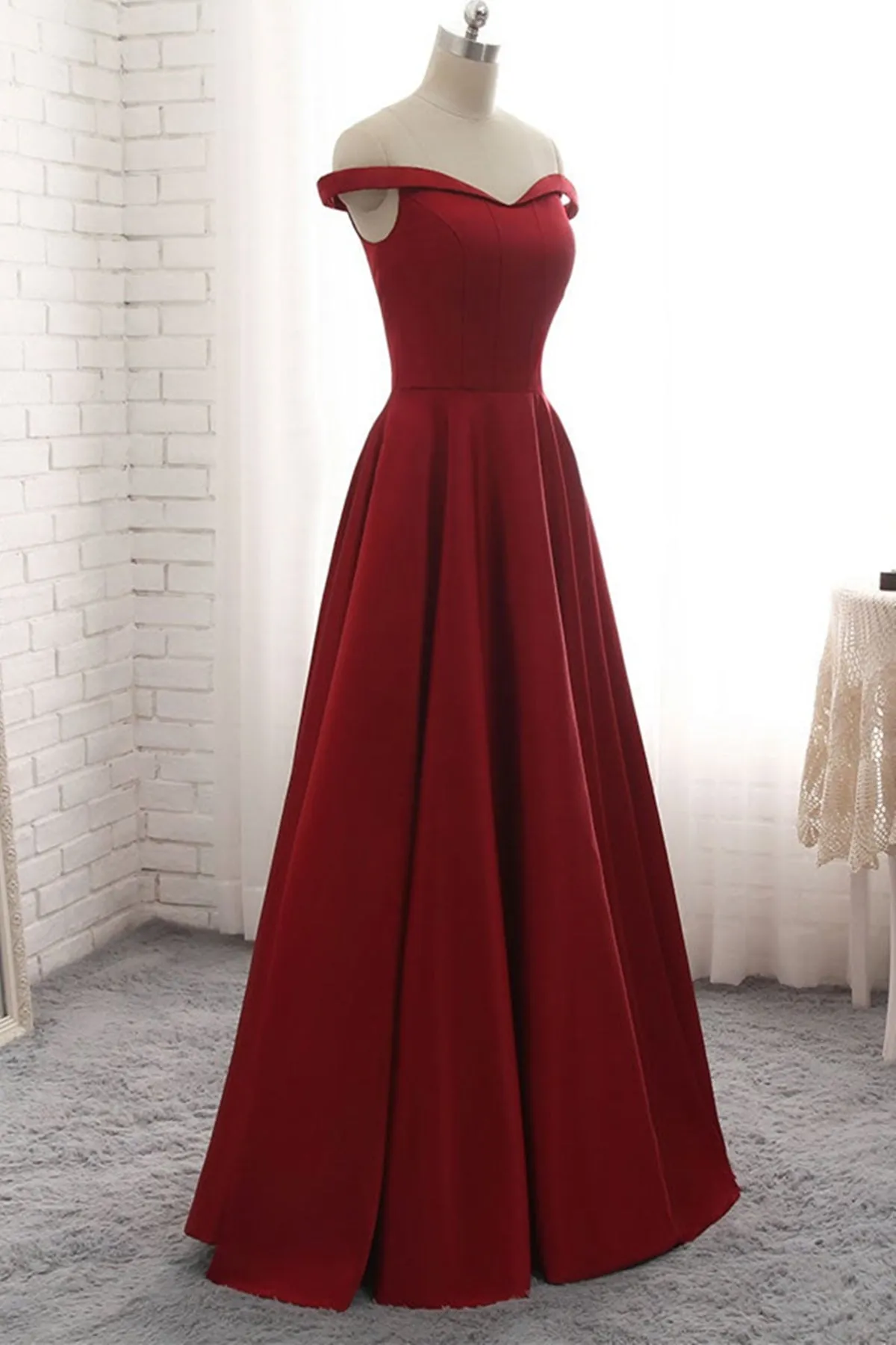 Off Shoulder Burgundy Satin Long Prom Dresses, Off the Shoulder Burgundy Formal Dresses, Burgundy Evening Dresses