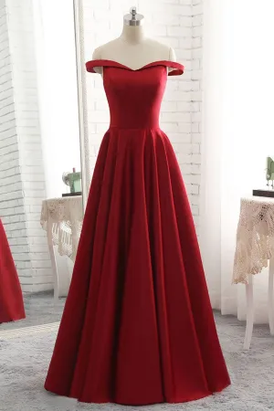 Off Shoulder Burgundy Satin Long Prom Dresses, Off the Shoulder Burgundy Formal Dresses, Burgundy Evening Dresses