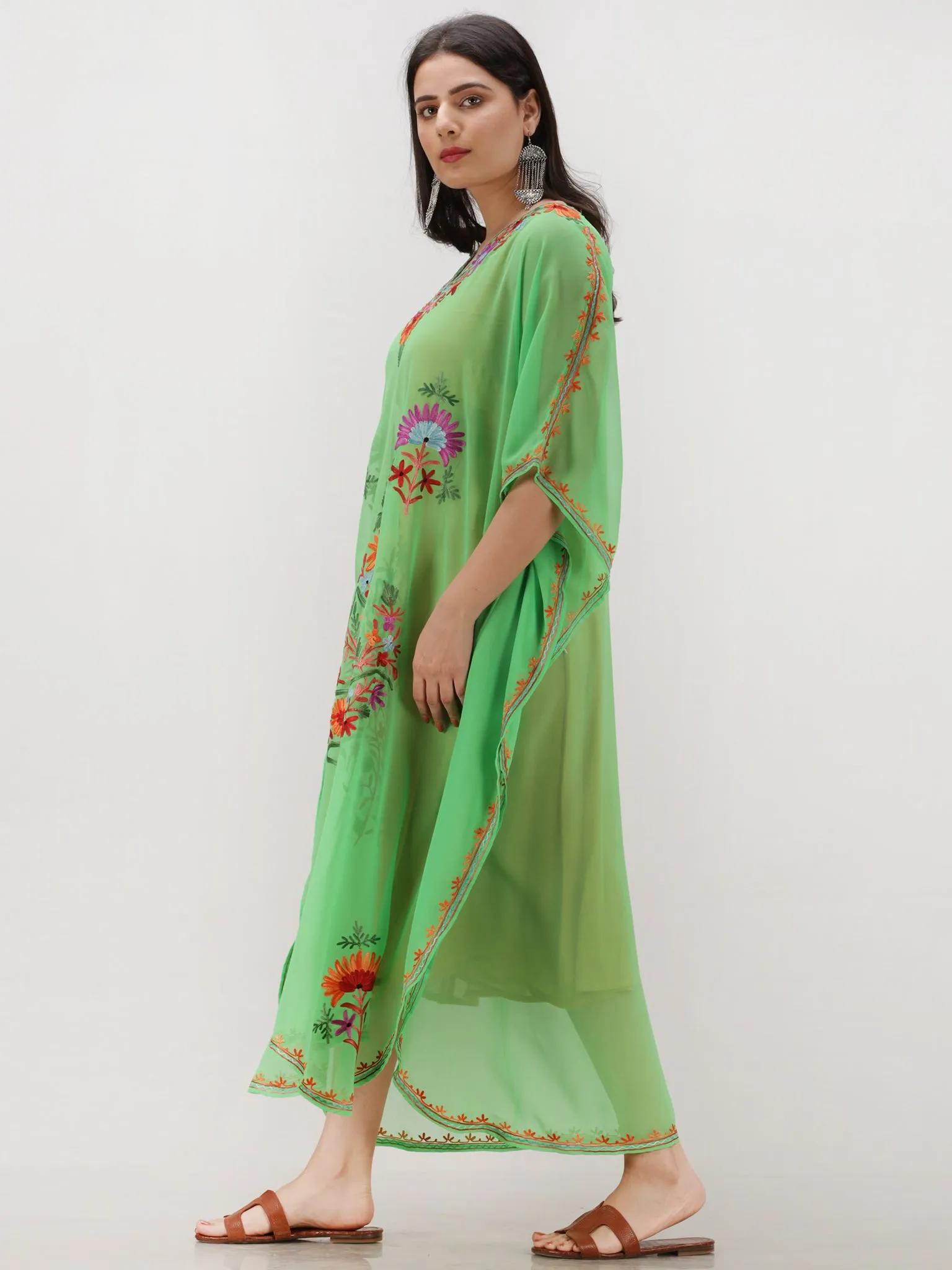 Parrot Green Multicolor Aari Embroidered Kashmere Free Size Georgette Kaftan  - K12K018