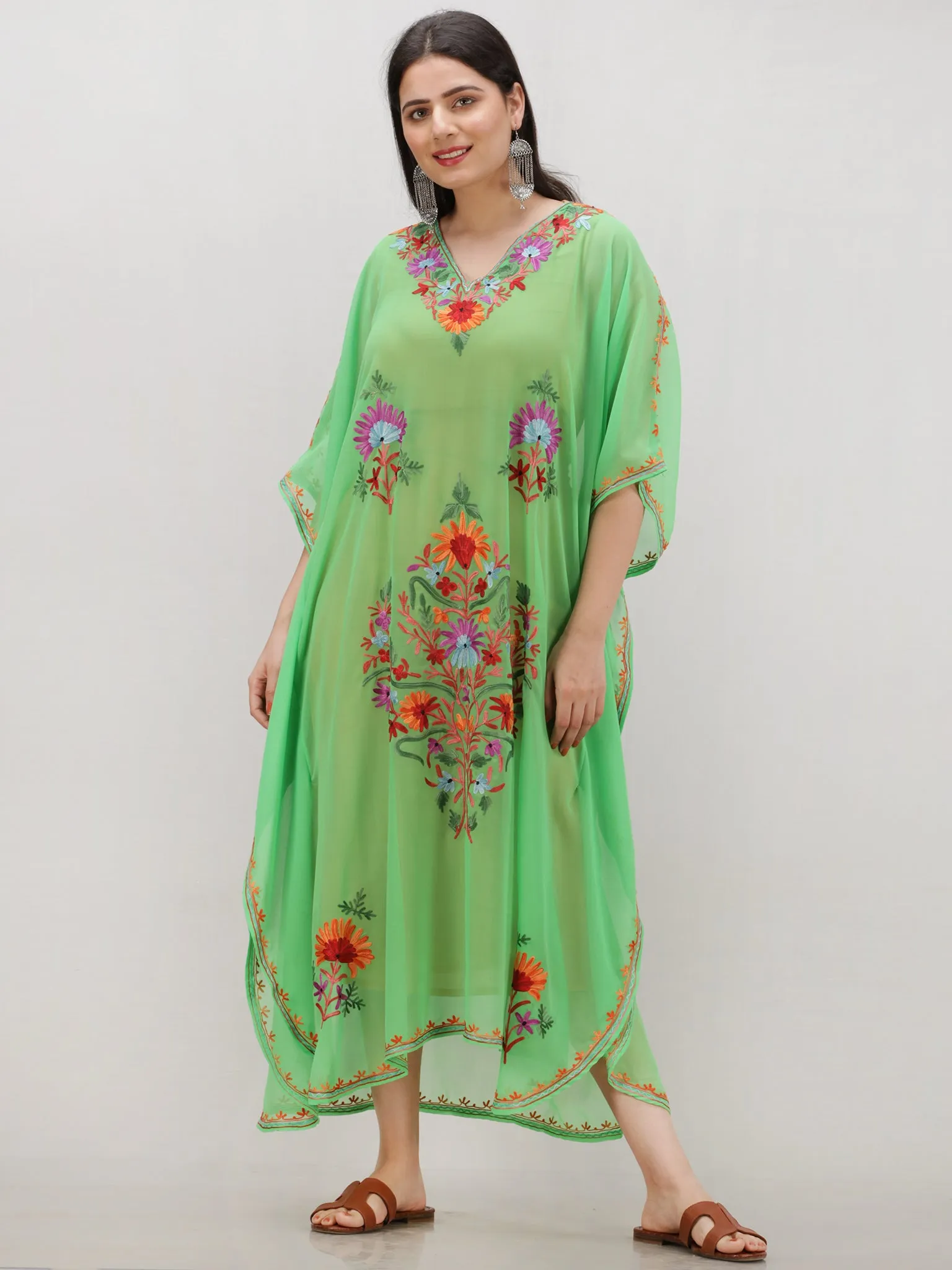 Parrot Green Multicolor Aari Embroidered Kashmere Free Size Georgette Kaftan  - K12K018