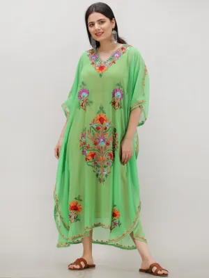 Parrot Green Multicolor Aari Embroidered Kashmere Free Size Georgette Kaftan  - K12K018