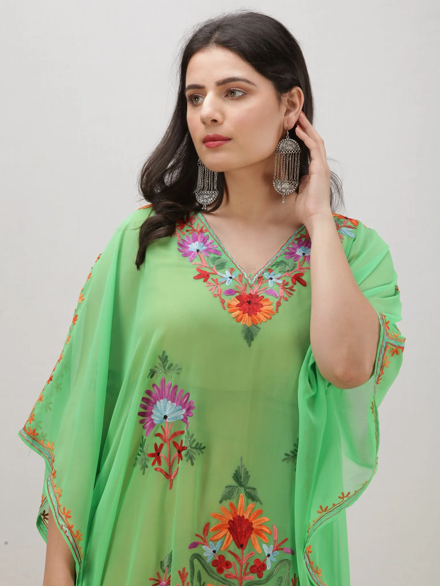 Parrot Green Multicolor Aari Embroidered Kashmere Free Size Georgette Kaftan  - K12K018