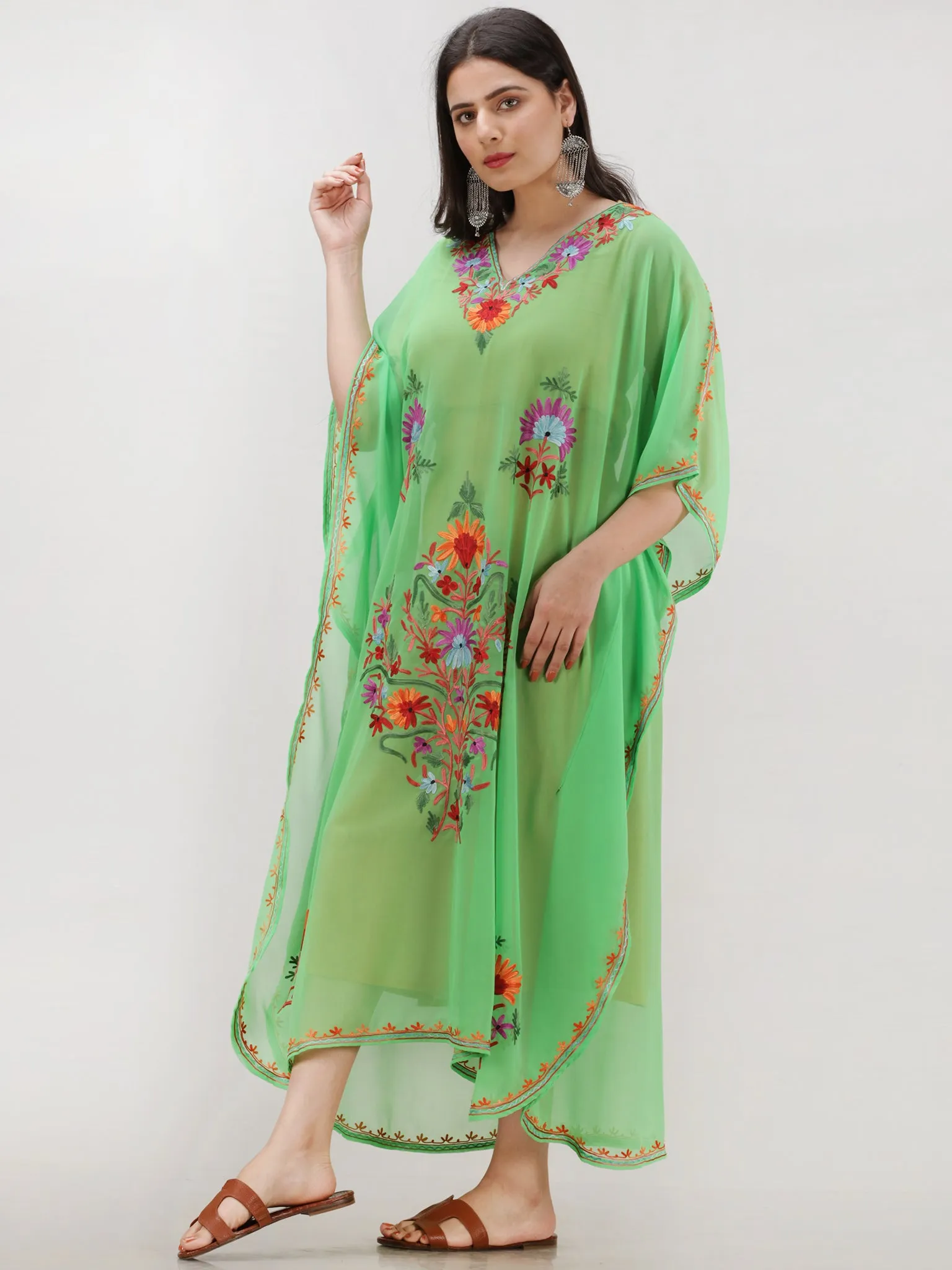 Parrot Green Multicolor Aari Embroidered Kashmere Free Size Georgette Kaftan  - K12K018