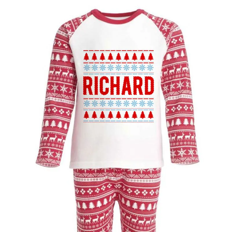Personalised Christmas Pyjamas Fair Isle Style Print Blue Red and White