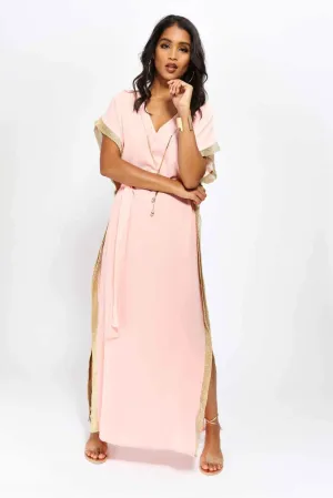 Pink Kaftan Maxi Dress With Gold Trim