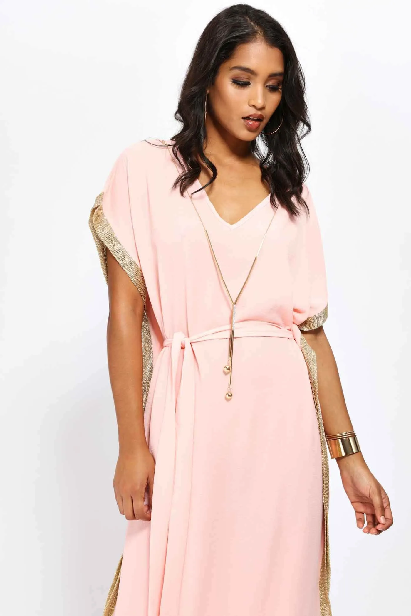 Pink Kaftan Maxi Dress With Gold Trim
