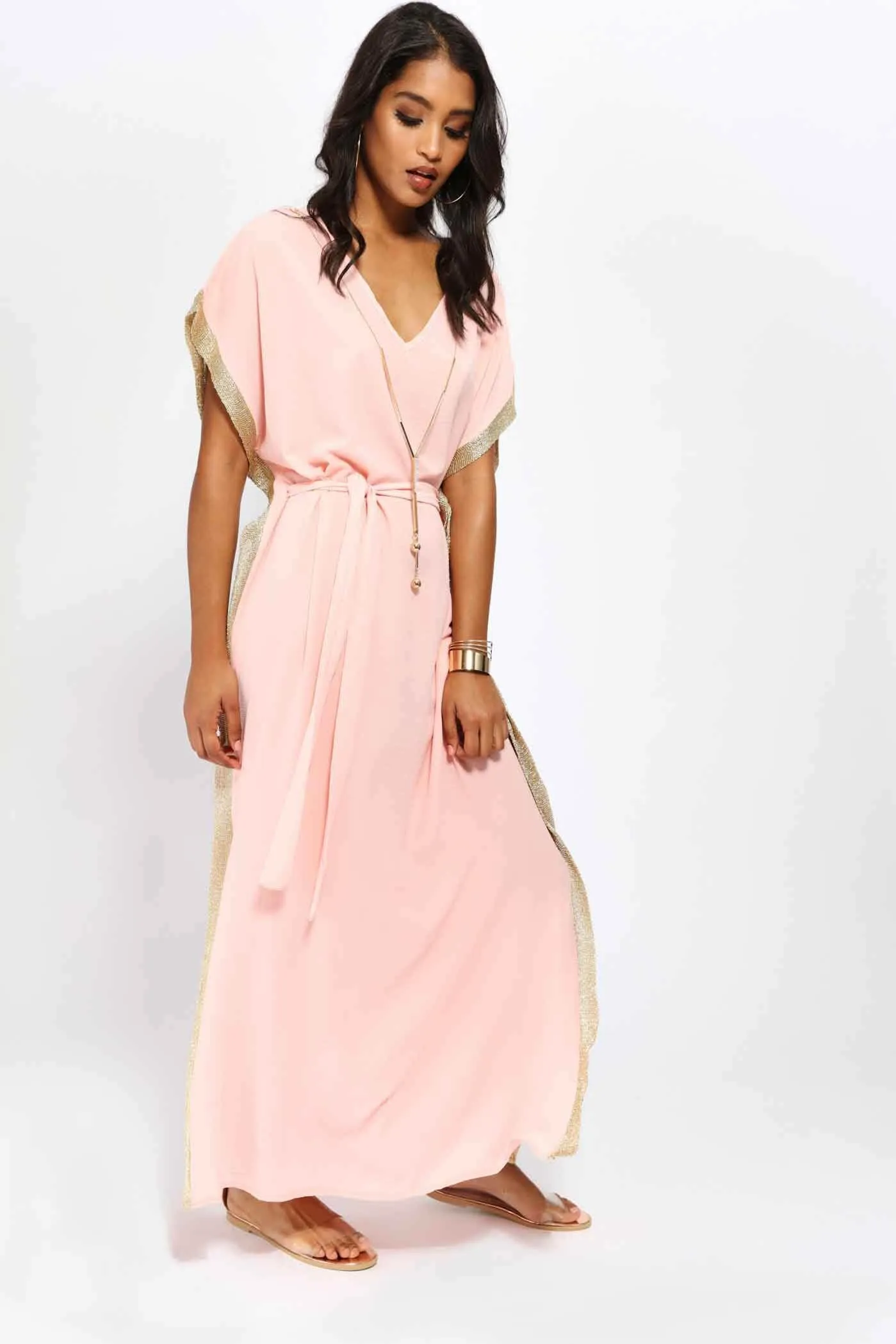 Pink Kaftan Maxi Dress With Gold Trim