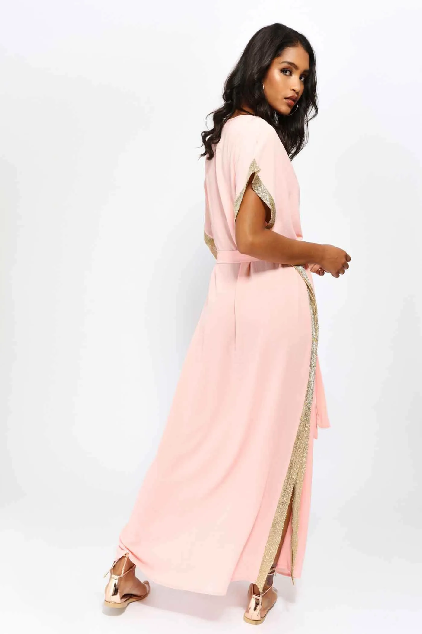 Pink Kaftan Maxi Dress With Gold Trim