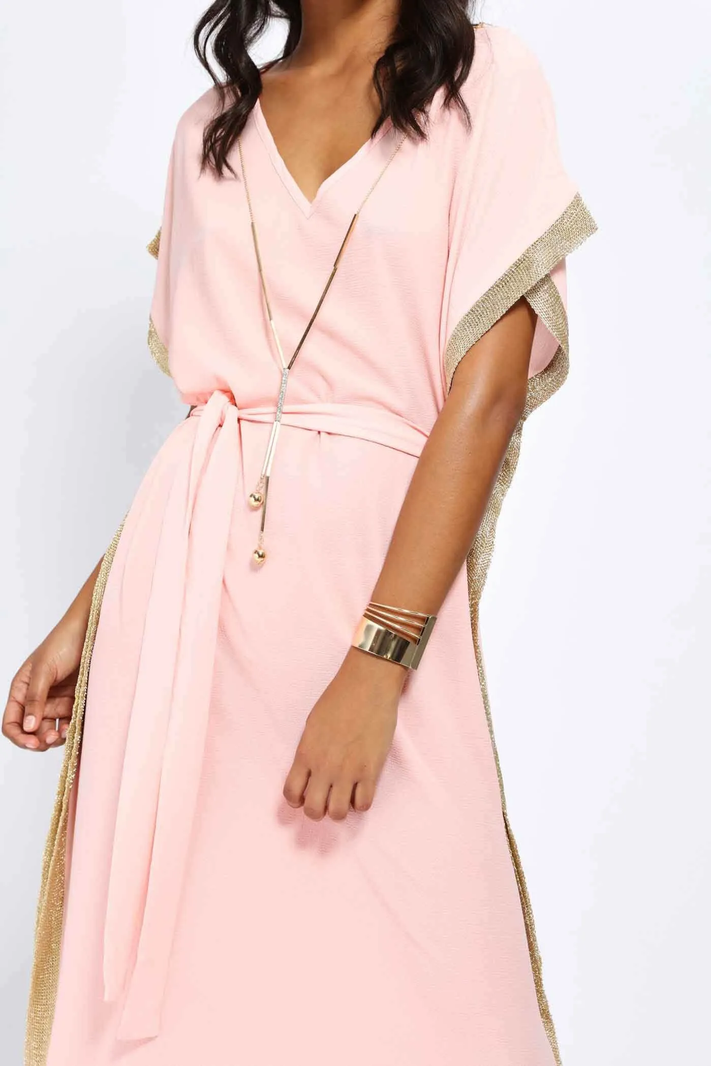 Pink Kaftan Maxi Dress With Gold Trim