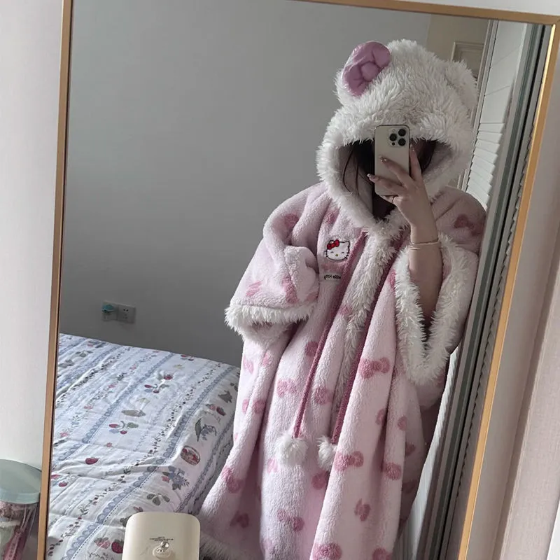 Pink Kitty Coral Fleece Plush Hooded Nightgown KI682