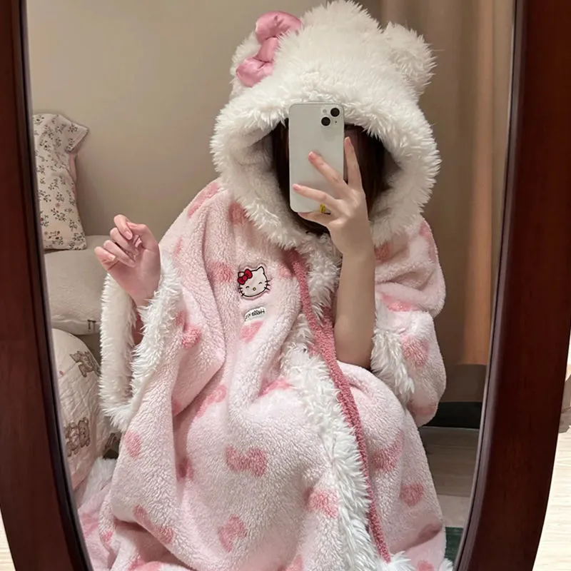 Pink Kitty Coral Fleece Plush Hooded Nightgown KI682