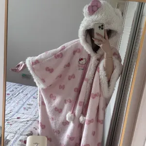 Pink Kitty Coral Fleece Plush Hooded Nightgown KI682