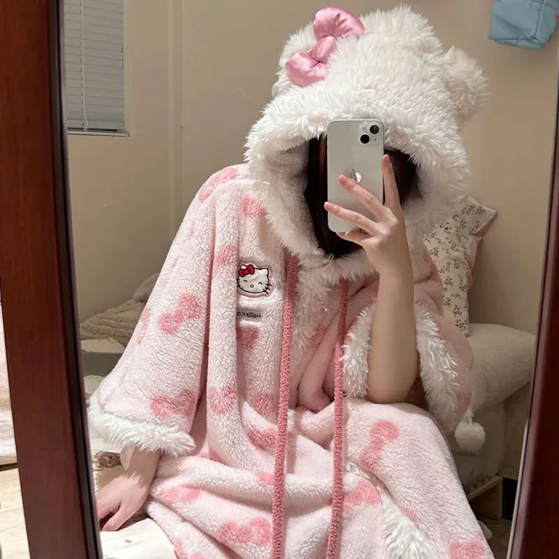 Pink Kitty Coral Fleece Plush Hooded Nightgown KI682