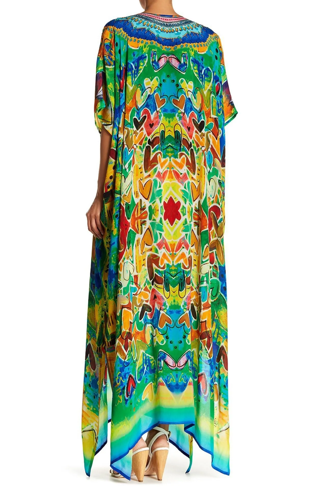 Plunging Neck Silk Kaftan Green