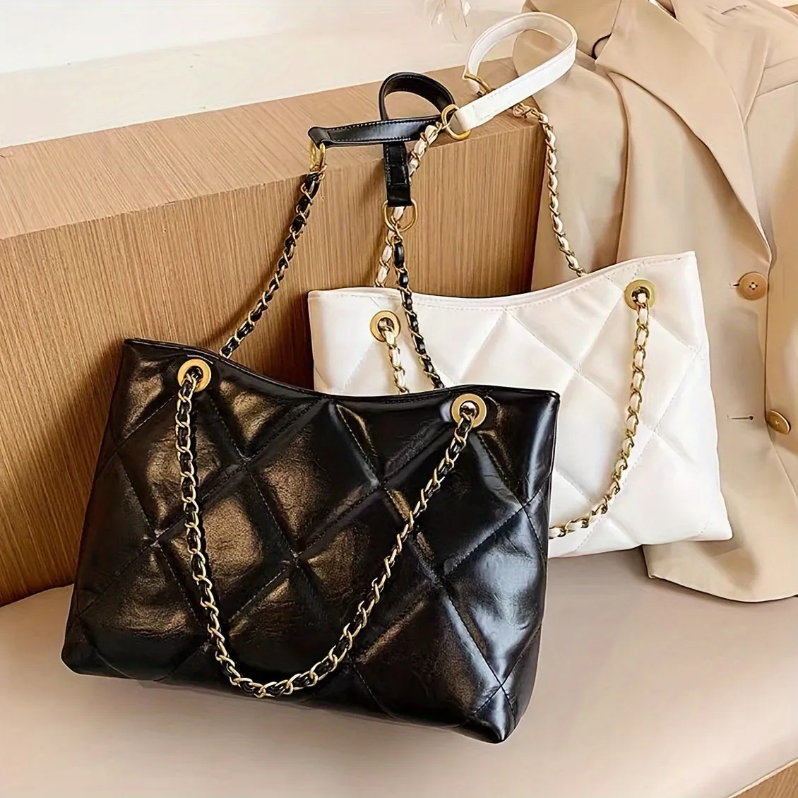 realaiot  Fashion Quilted Tote Bag, Trendy PU Underarm Bag, Women's Casual Handbag & Purse For Commute