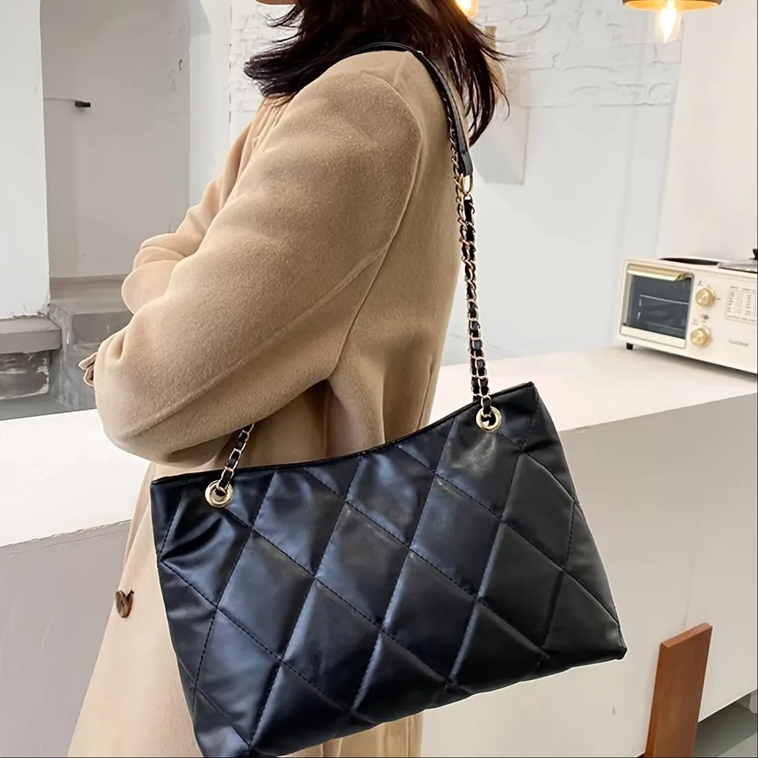 realaiot  Fashion Quilted Tote Bag, Trendy PU Underarm Bag, Women's Casual Handbag & Purse For Commute