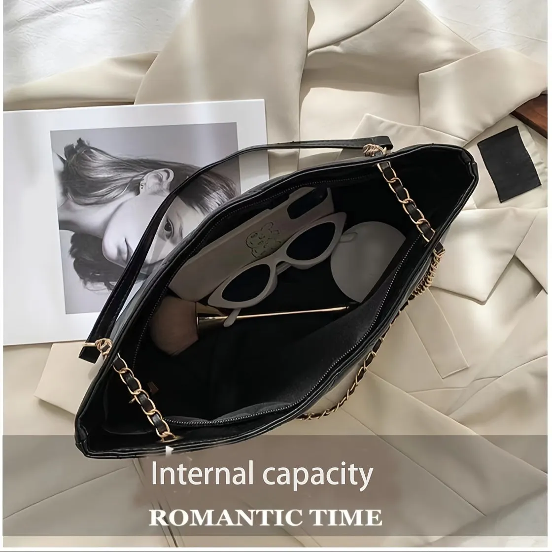 realaiot  Fashion Quilted Tote Bag, Trendy PU Underarm Bag, Women's Casual Handbag & Purse For Commute