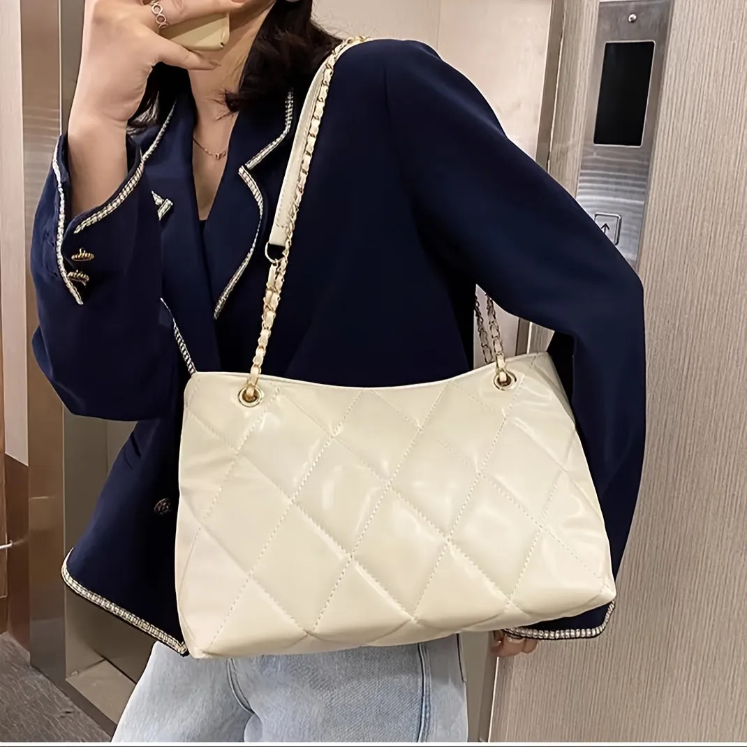 realaiot  Fashion Quilted Tote Bag, Trendy PU Underarm Bag, Women's Casual Handbag & Purse For Commute