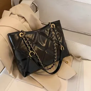 realaiot  Fashion Quilted Tote Bag, Trendy PU Underarm Bag, Women's Casual Handbag & Purse For Commute