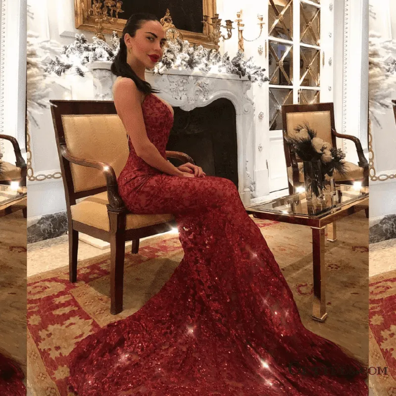 Red Spaghetti Strap Lace Sexy Mermaid Long Cheap Prom Dresses, TYP1785