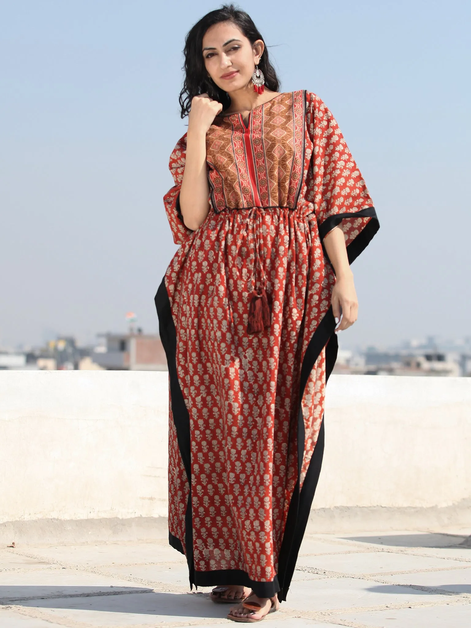 Rust Red Black Hand Block Printed Kaftan - K130F1737