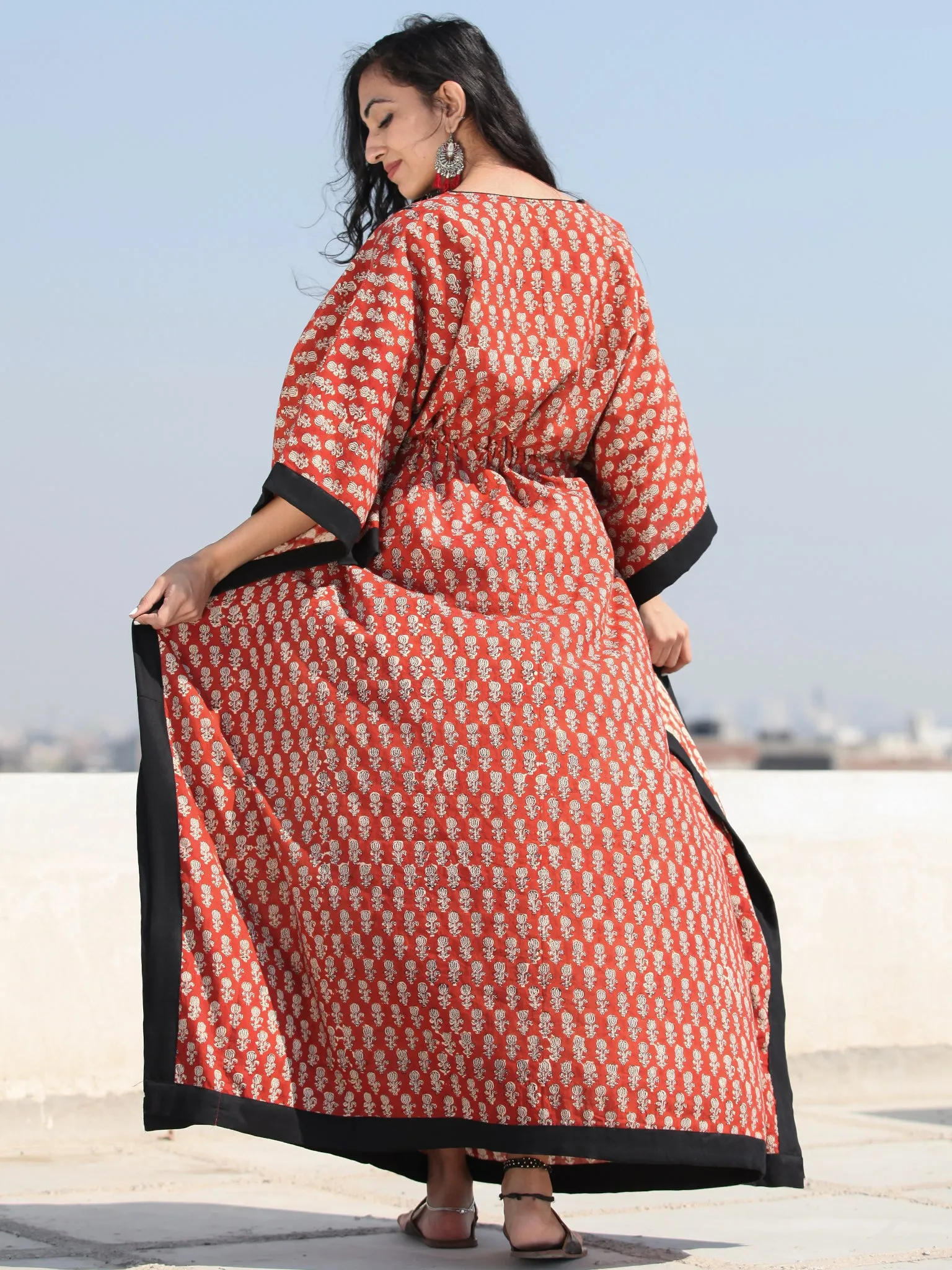 Rust Red Black Hand Block Printed Kaftan - K130F1737