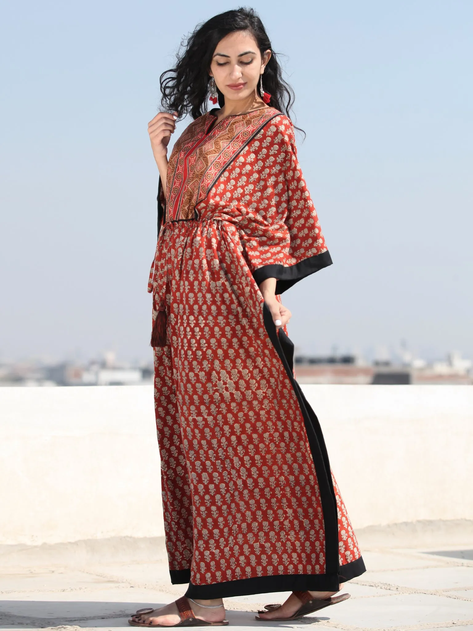 Rust Red Black Hand Block Printed Kaftan - K130F1737
