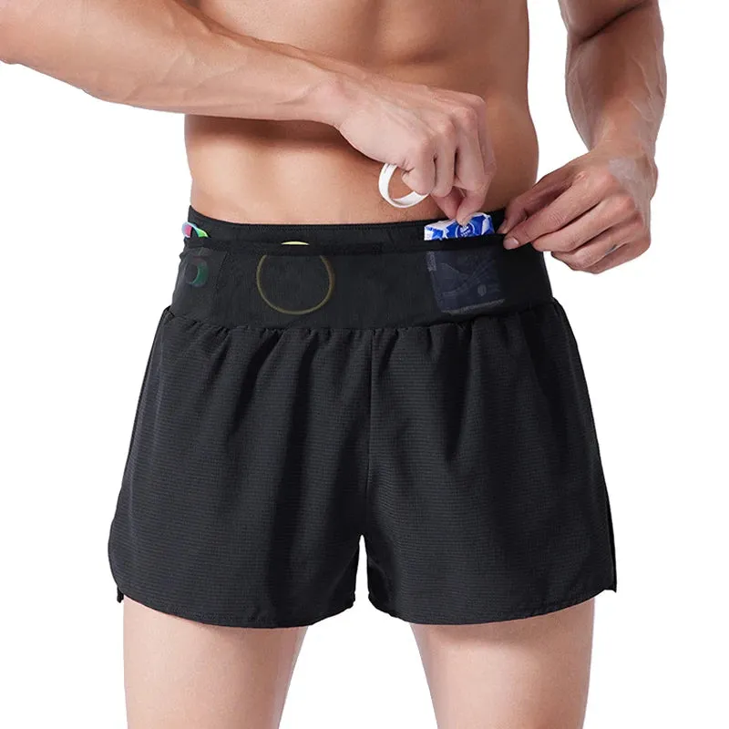 (S-4XL)Men Women Teens Double Layer Quick Dry Marathon Running Sport Shorts with Zipper Pocket Trackless Fitness Training Shorts