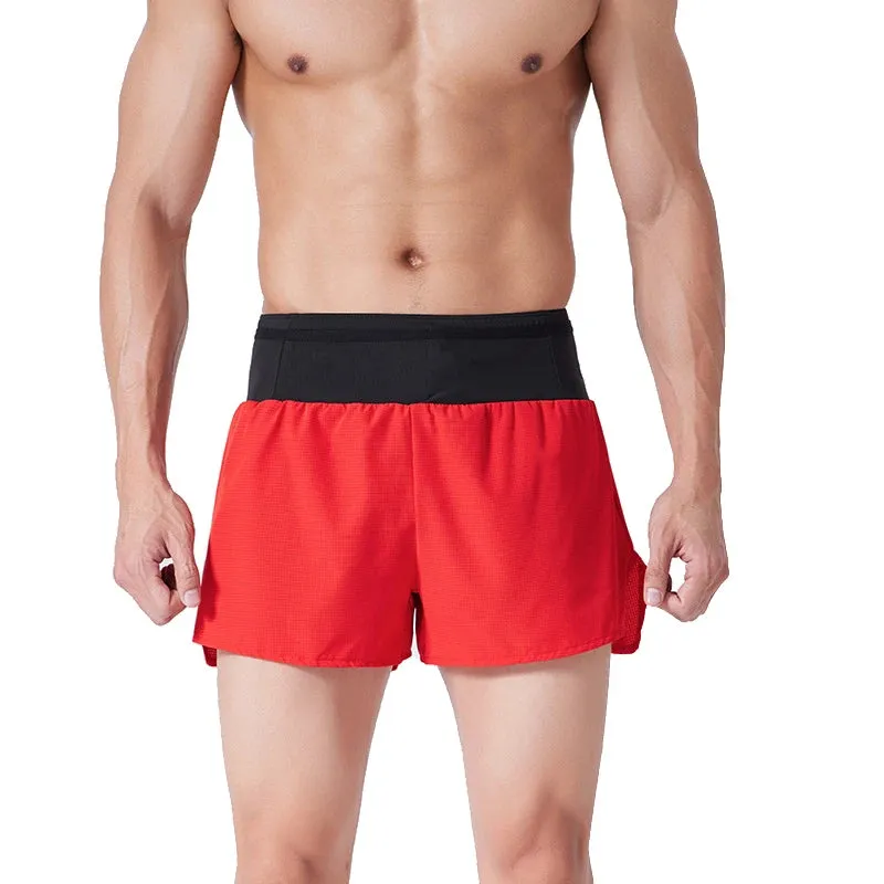(S-4XL)Men Women Teens Double Layer Quick Dry Marathon Running Sport Shorts with Zipper Pocket Trackless Fitness Training Shorts
