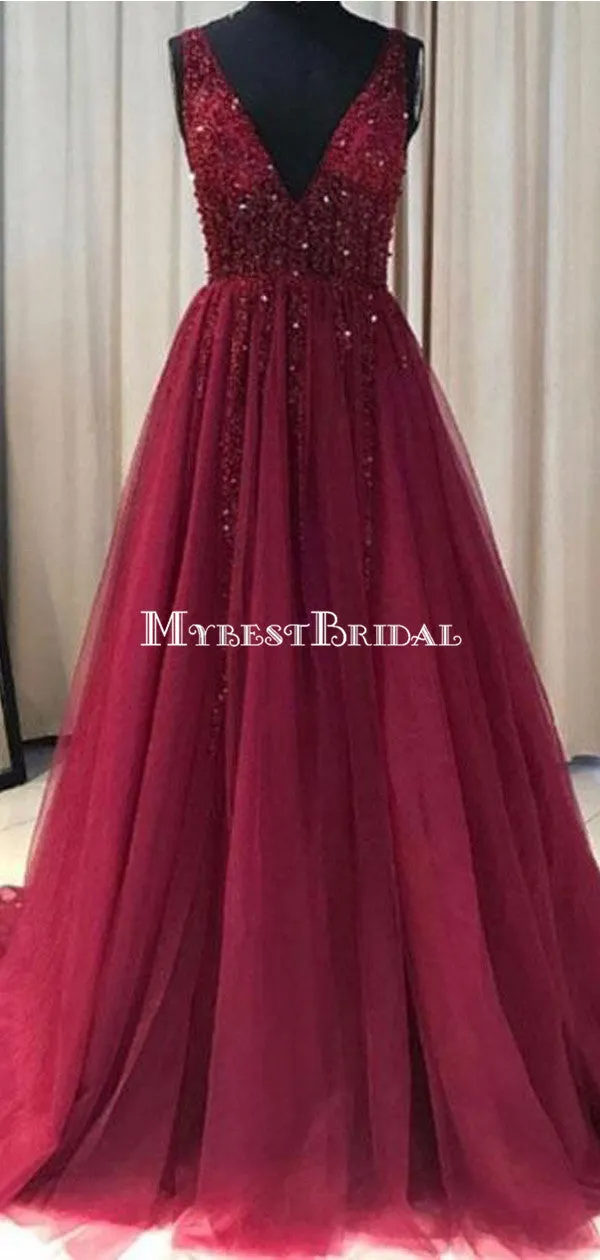 See Through V Neck Dark Red Beaded Long Evening Prom Dresses, Cheap Custom Party Prom Dresses, PDS0082