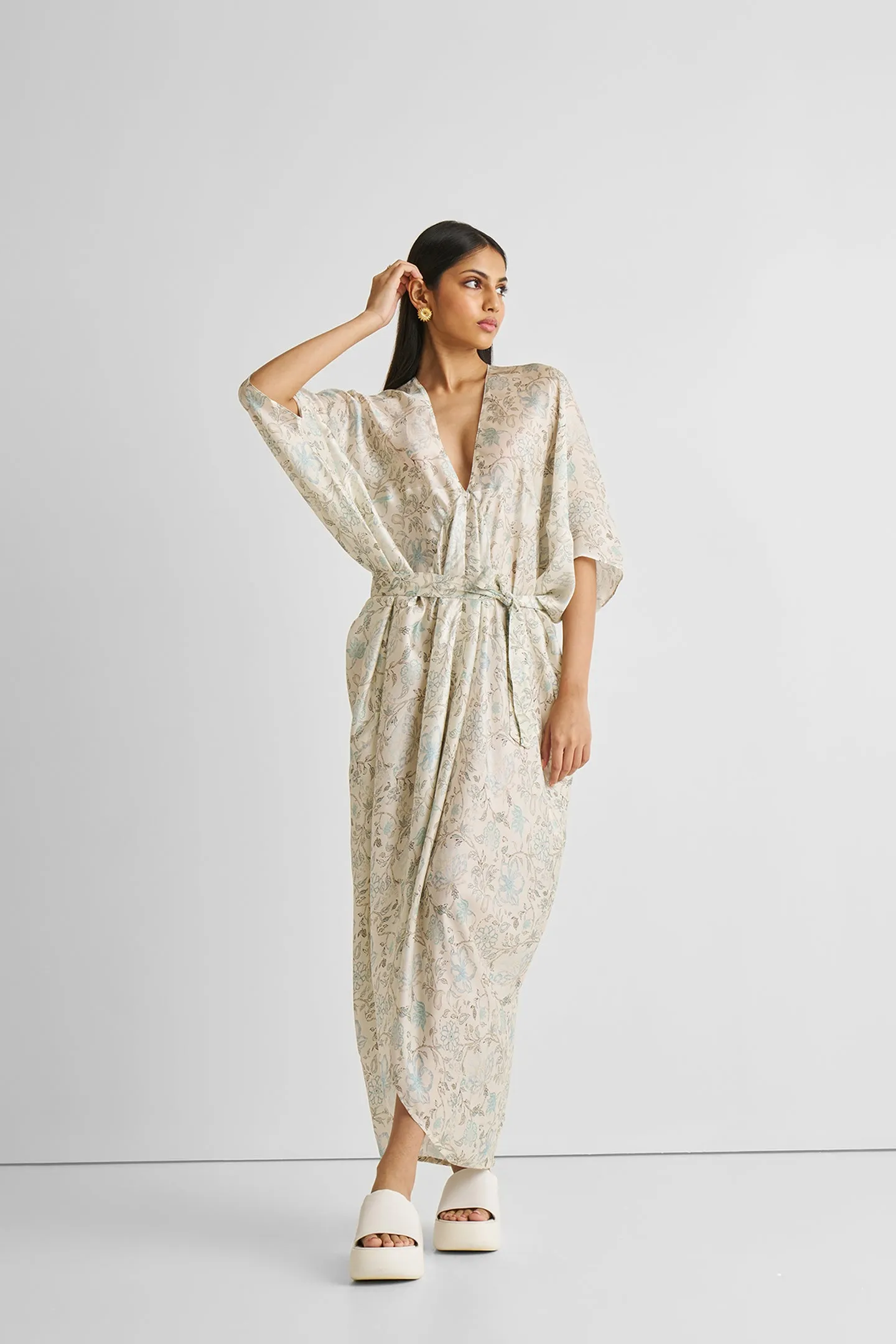 Silky Kaftan Dress in Blue Florals