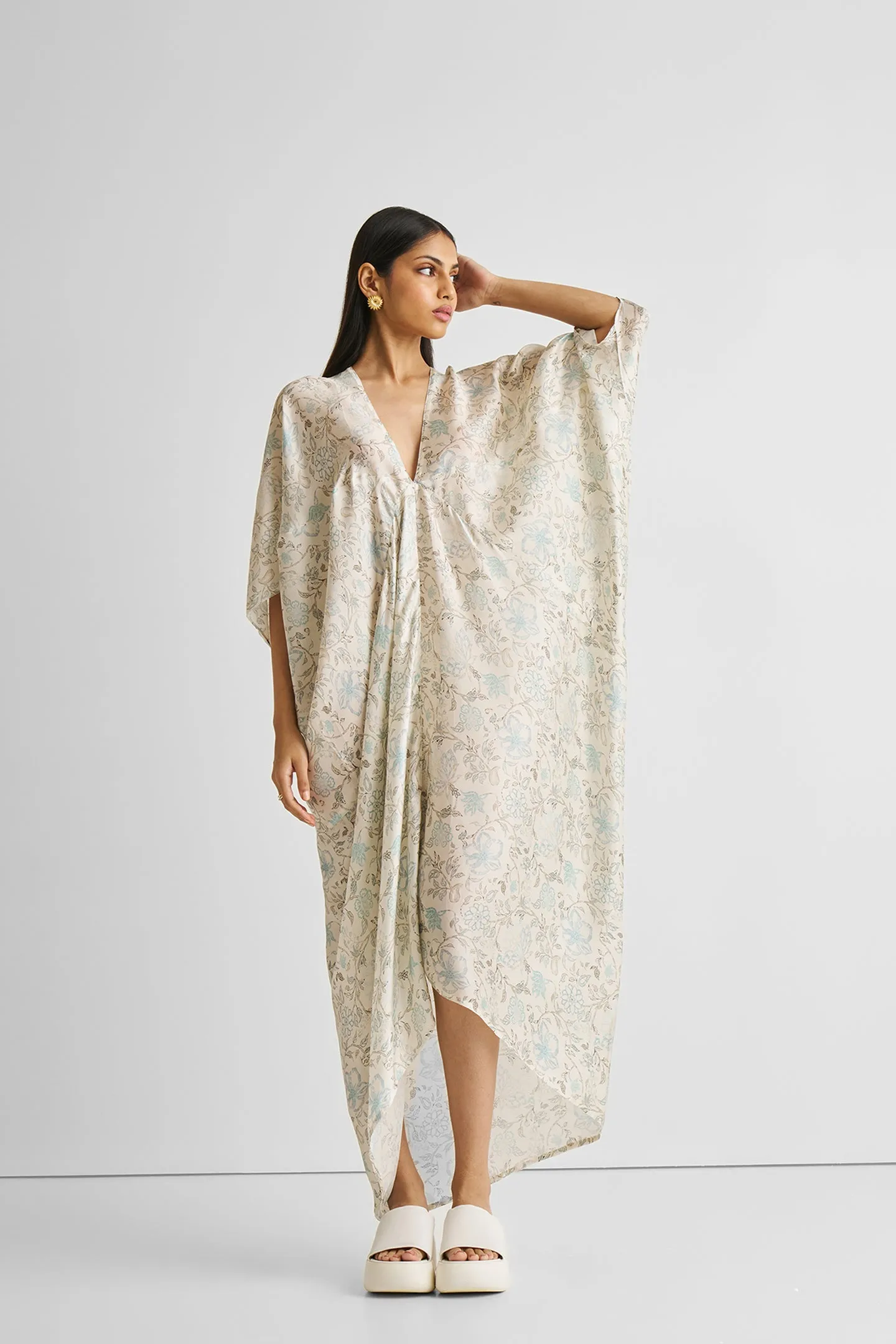 Silky Kaftan Dress in Blue Florals