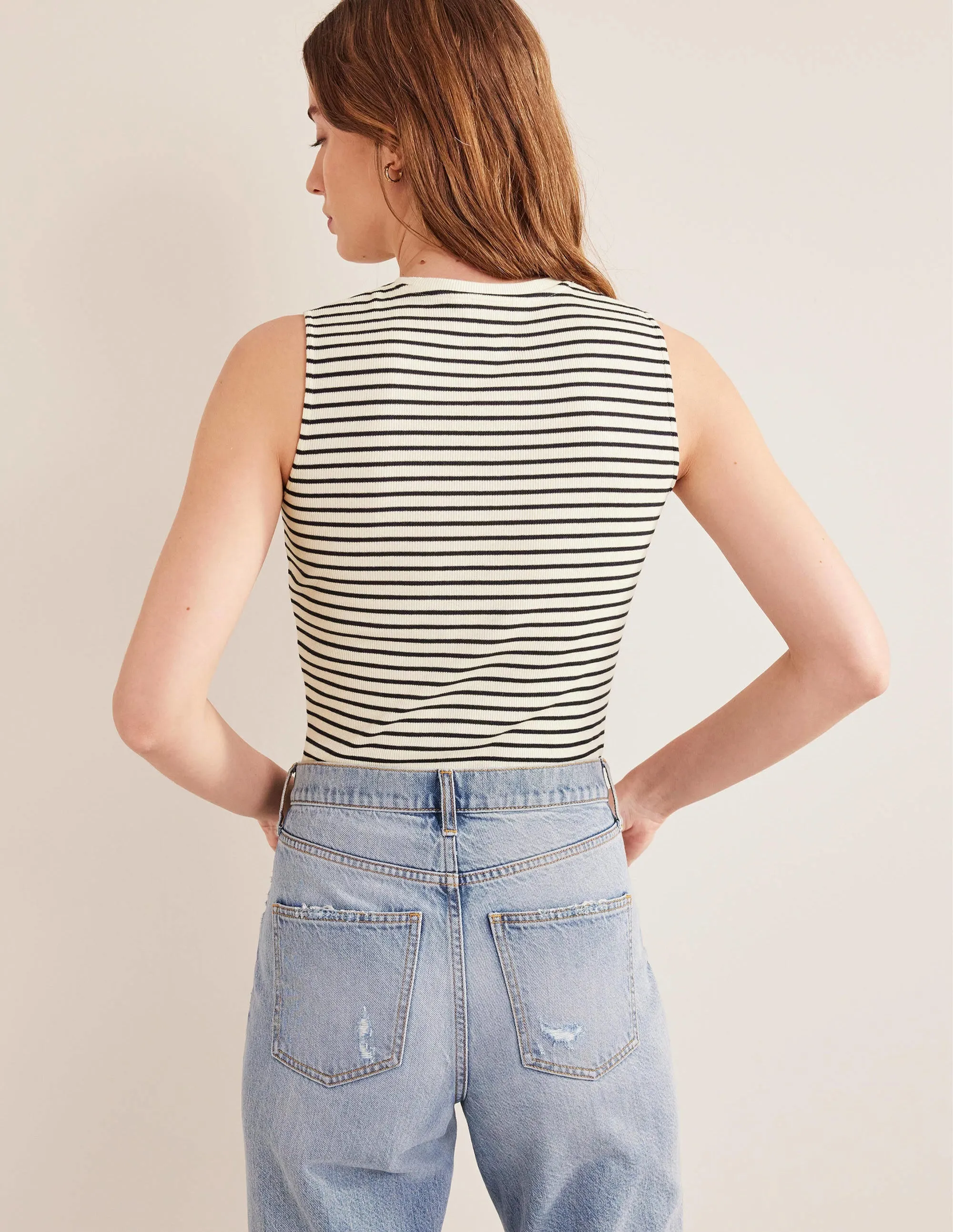 Striped Ribbed Tank Top-Ivory/Navy Stripe