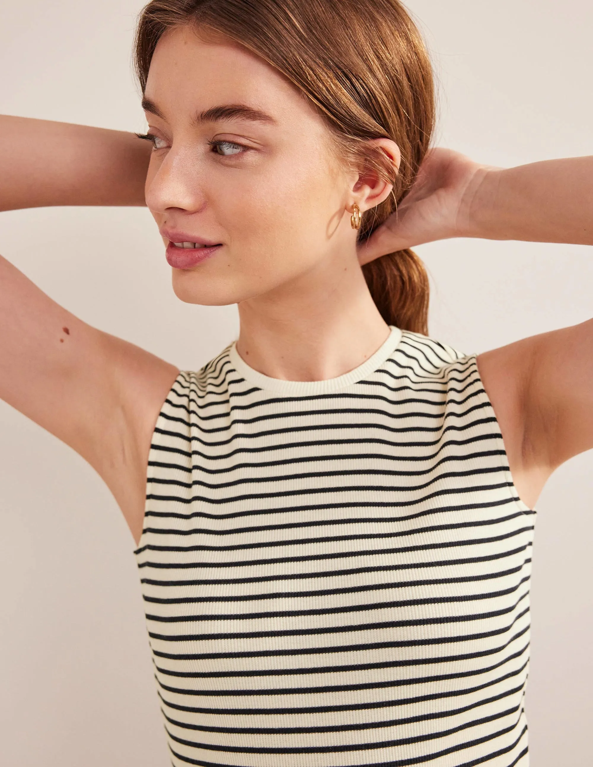 Striped Ribbed Tank Top-Ivory/Navy Stripe