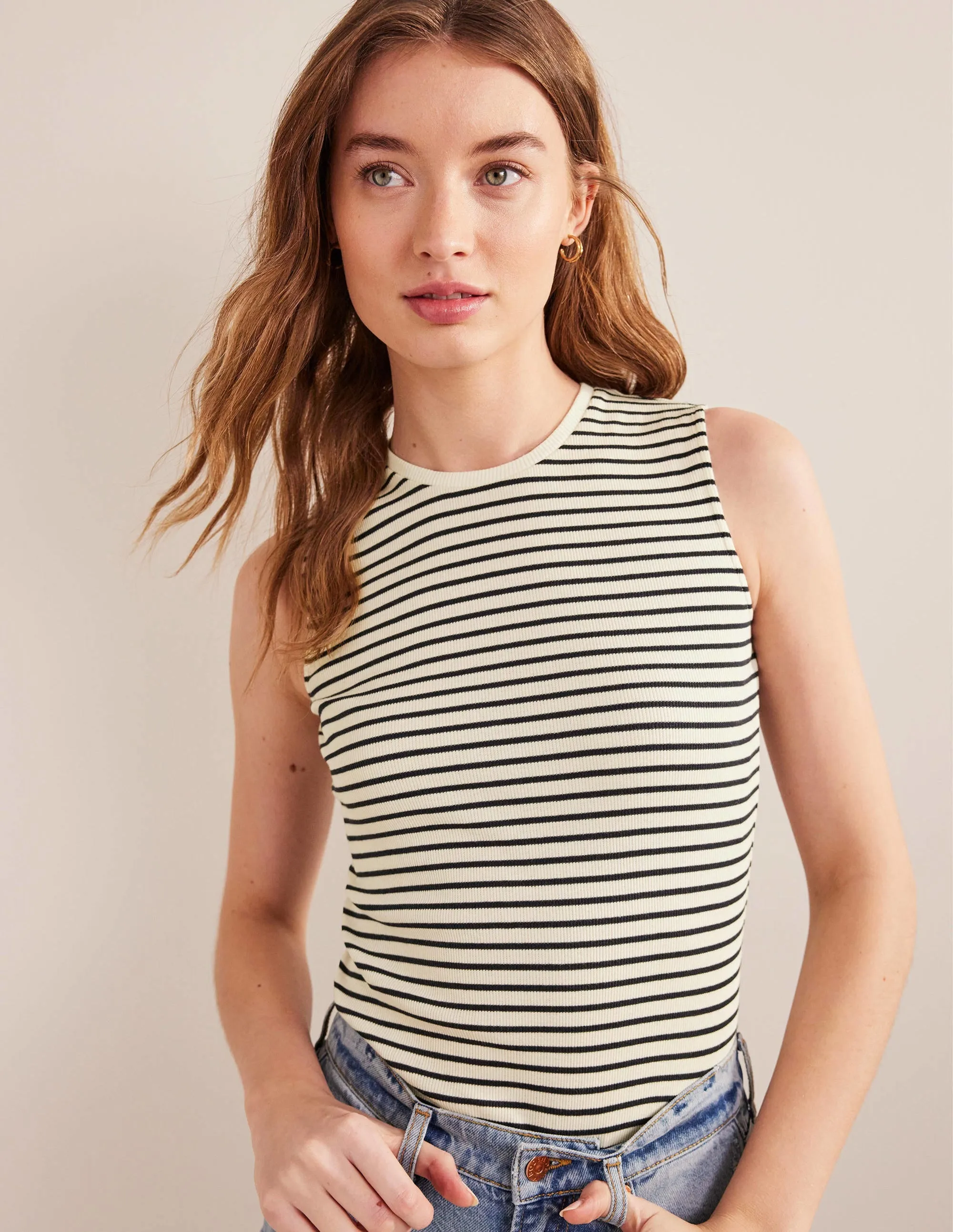 Striped Ribbed Tank Top-Ivory/Navy Stripe