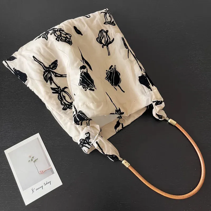 UAKISS  -  Retro Rose Women's Cotton Yarn Shoulder Bag Leather Strap Female Commute Tote Underarm Bags Large Capacity Ladies Purse Handbags