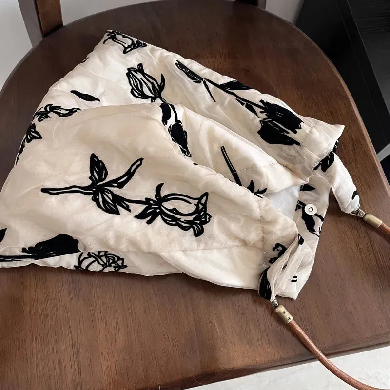 UAKISS  -  Retro Rose Women's Cotton Yarn Shoulder Bag Leather Strap Female Commute Tote Underarm Bags Large Capacity Ladies Purse Handbags