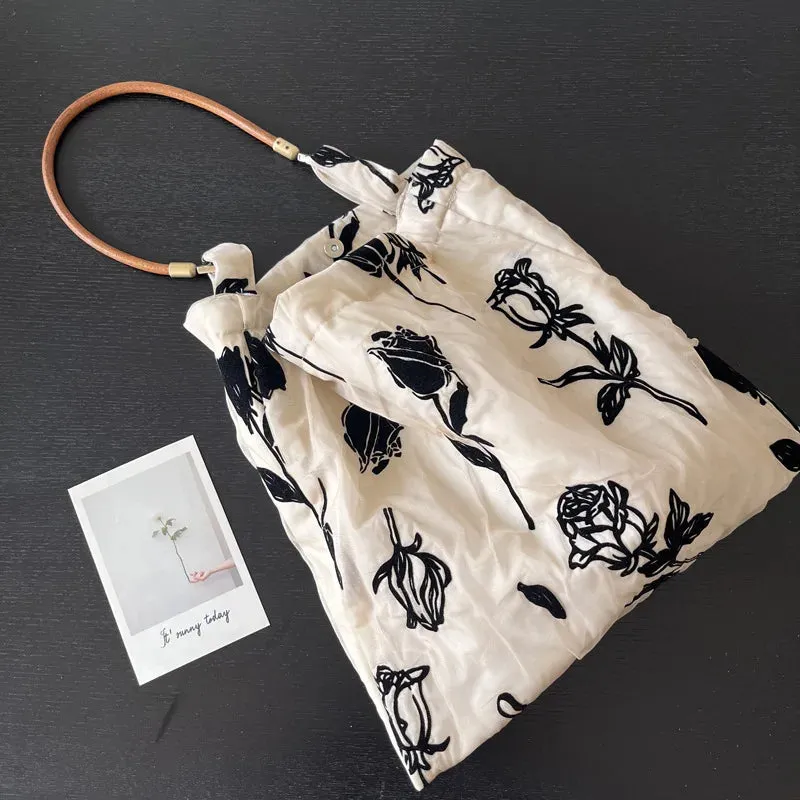 UAKISS  -  Retro Rose Women's Cotton Yarn Shoulder Bag Leather Strap Female Commute Tote Underarm Bags Large Capacity Ladies Purse Handbags