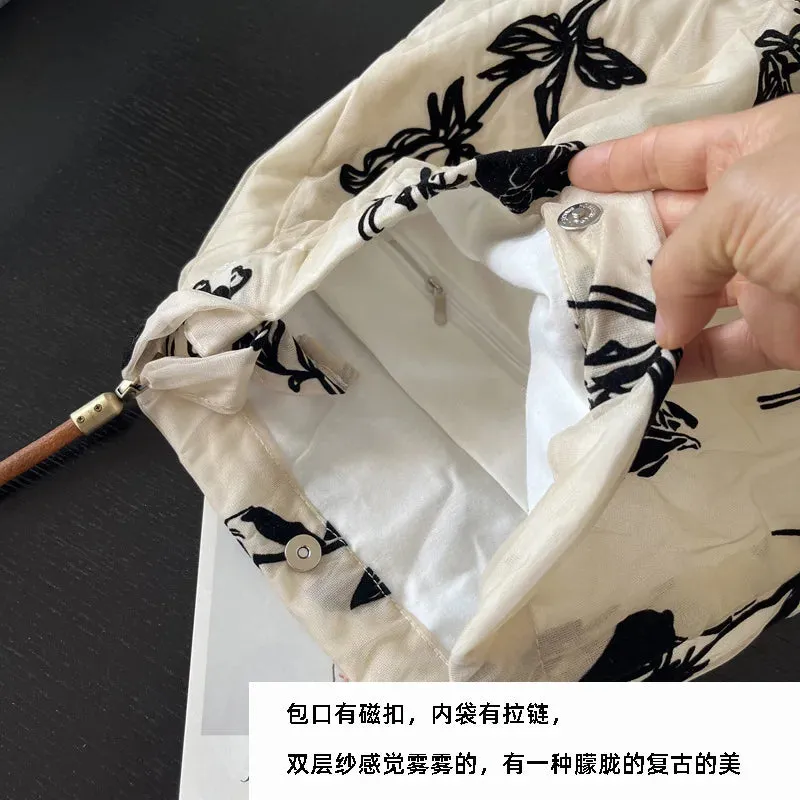 UAKISS  -  Retro Rose Women's Cotton Yarn Shoulder Bag Leather Strap Female Commute Tote Underarm Bags Large Capacity Ladies Purse Handbags