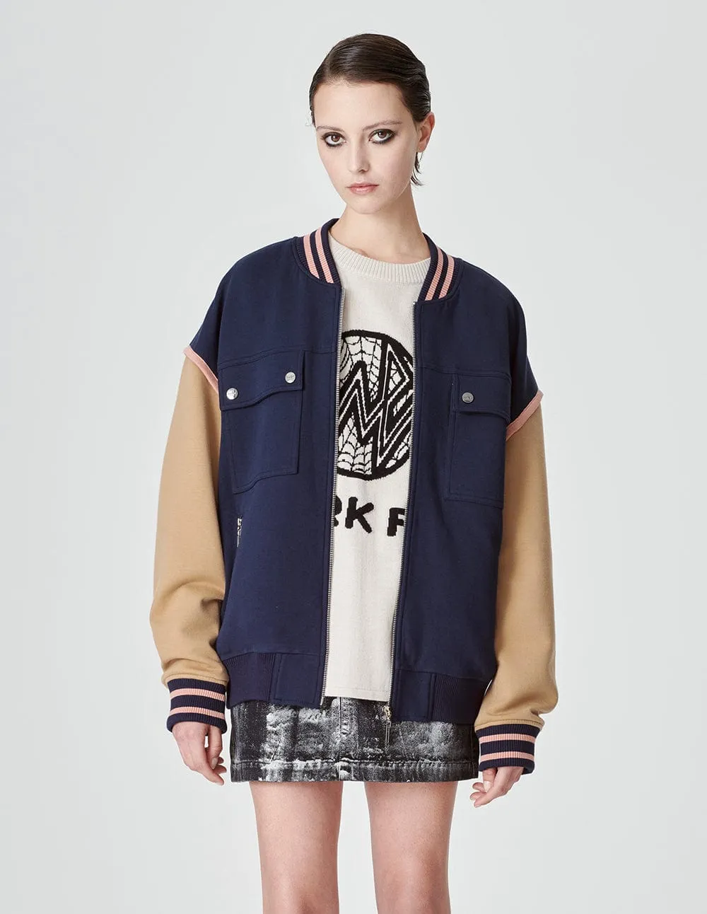 Unisex Blue And Brown Colour Matching Baseball Jacket