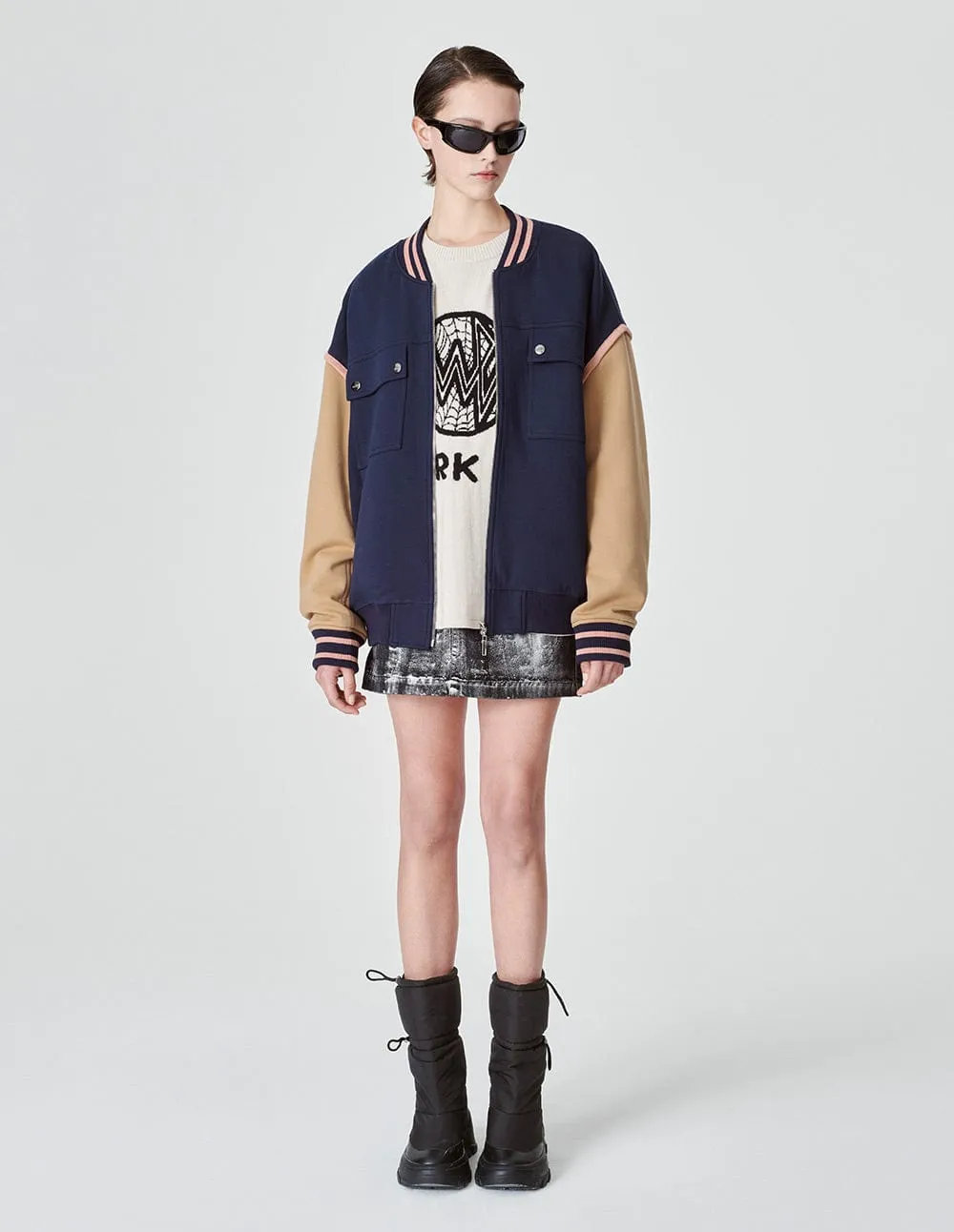 Unisex Blue And Brown Colour Matching Baseball Jacket