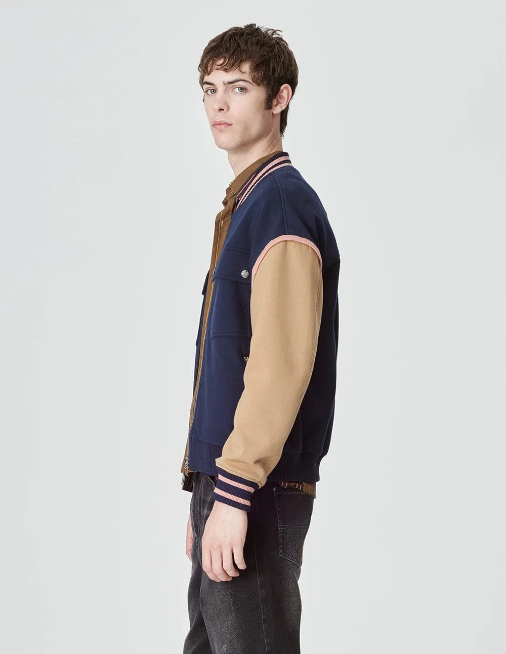 Unisex Blue And Brown Colour Matching Baseball Jacket