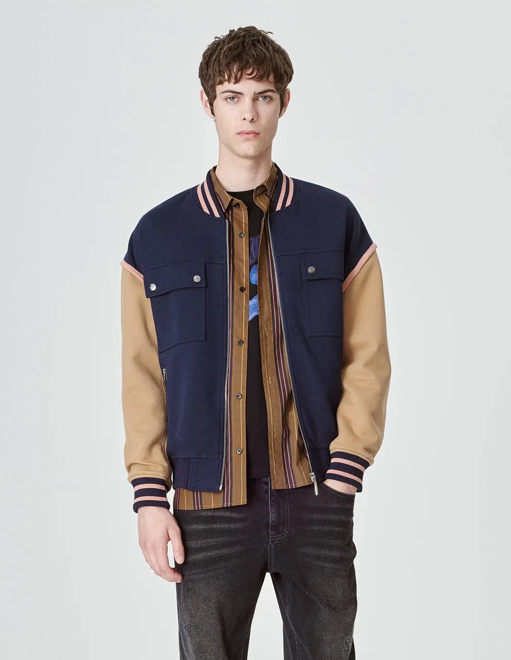Unisex Blue And Brown Colour Matching Baseball Jacket