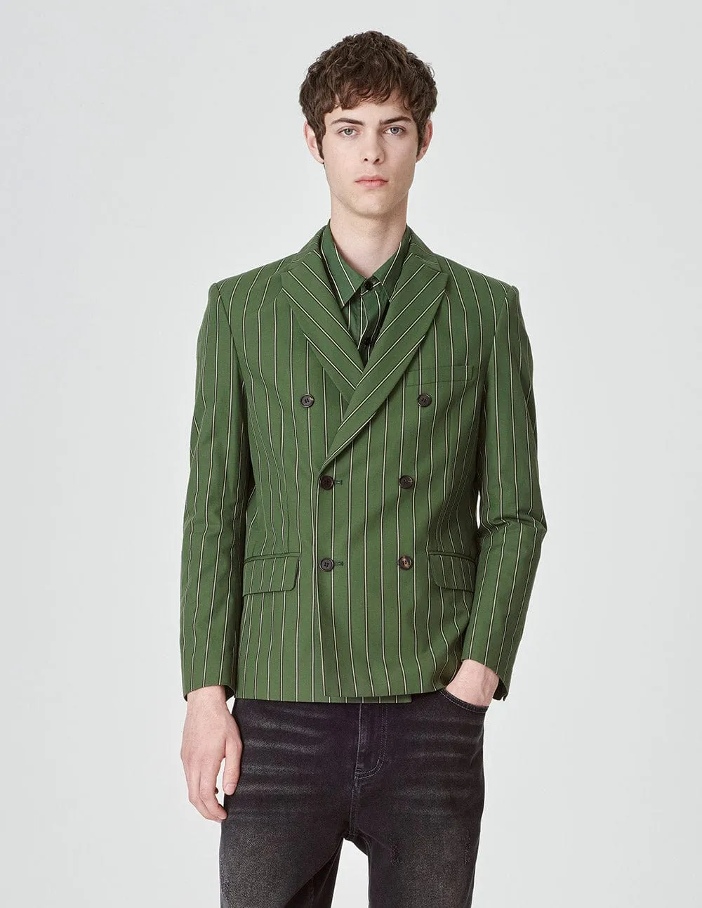 Unisex Olive Green Striped Blazer