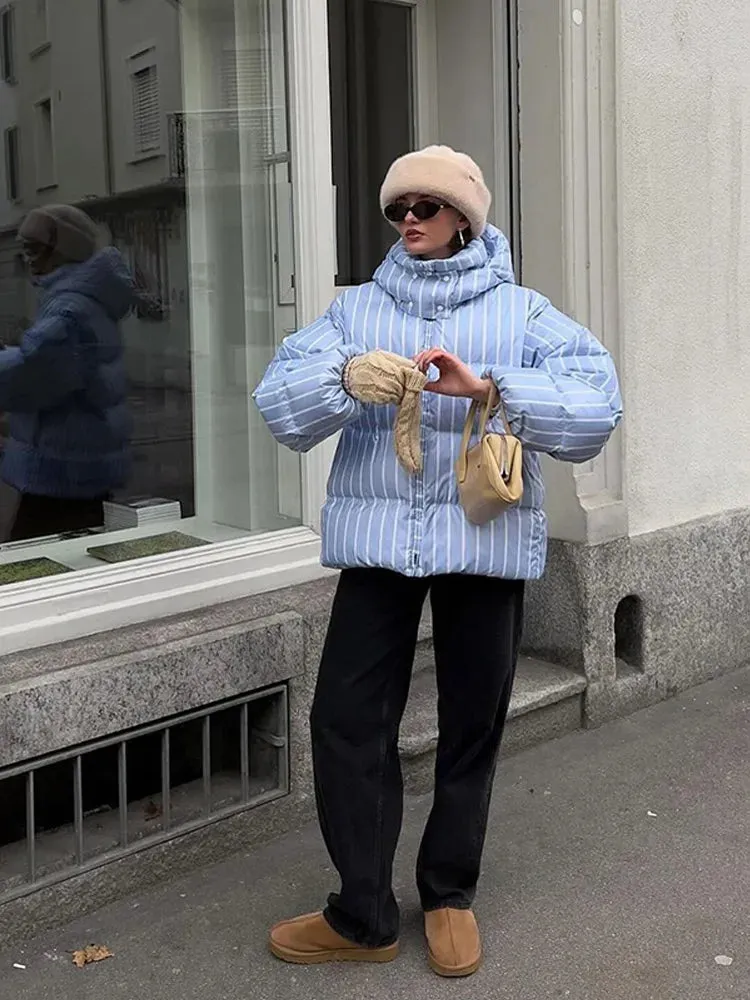 Vvsha Christmas Gift Outfit  Elegant Blue Stand Collar Hooded Stripes Warm Short Cotton Coat Chic Zipper Down Jacket 2024 New Woman Winter Commuter Wear