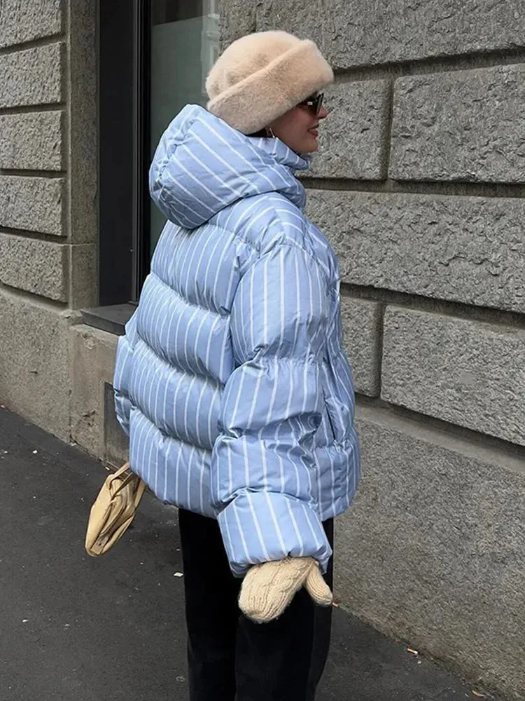 Vvsha Christmas Gift Outfit  Elegant Blue Stand Collar Hooded Stripes Warm Short Cotton Coat Chic Zipper Down Jacket 2024 New Woman Winter Commuter Wear