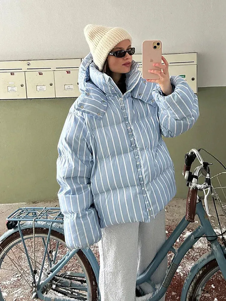 Vvsha Christmas Gift Outfit  Elegant Blue Stand Collar Hooded Stripes Warm Short Cotton Coat Chic Zipper Down Jacket 2024 New Woman Winter Commuter Wear