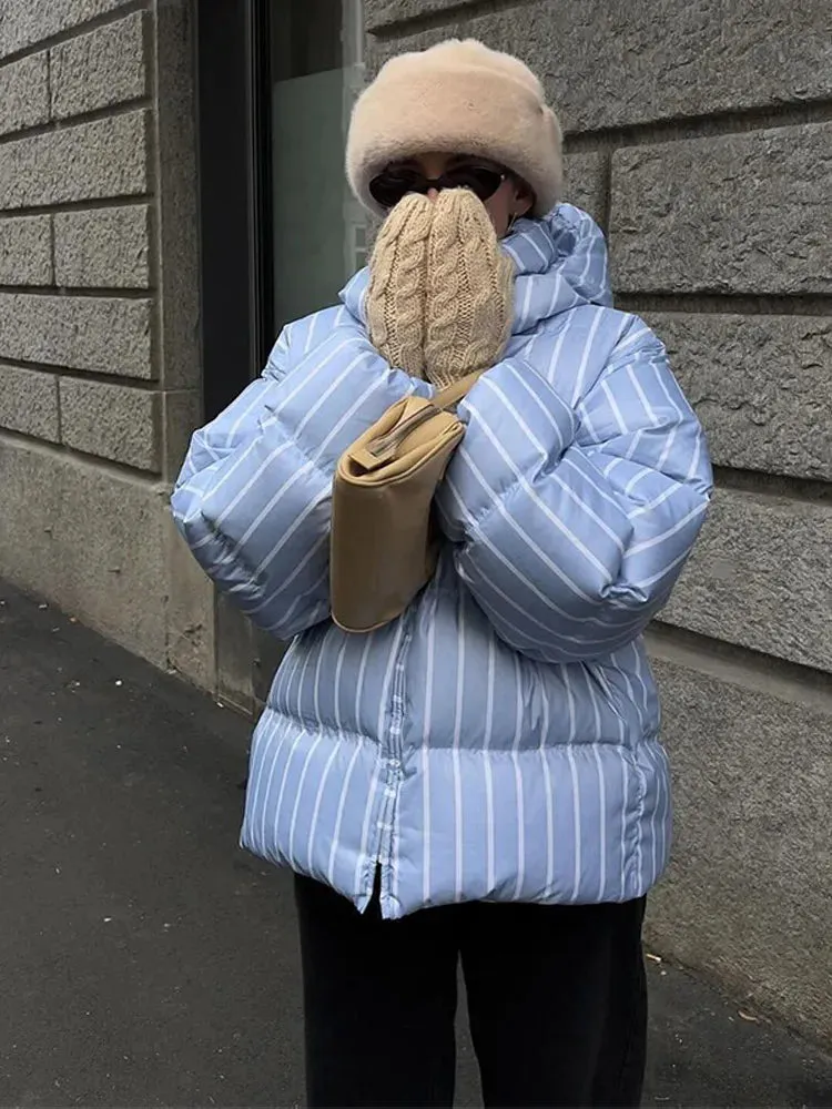 Vvsha Christmas Gift Outfit  Elegant Blue Stand Collar Hooded Stripes Warm Short Cotton Coat Chic Zipper Down Jacket 2024 New Woman Winter Commuter Wear