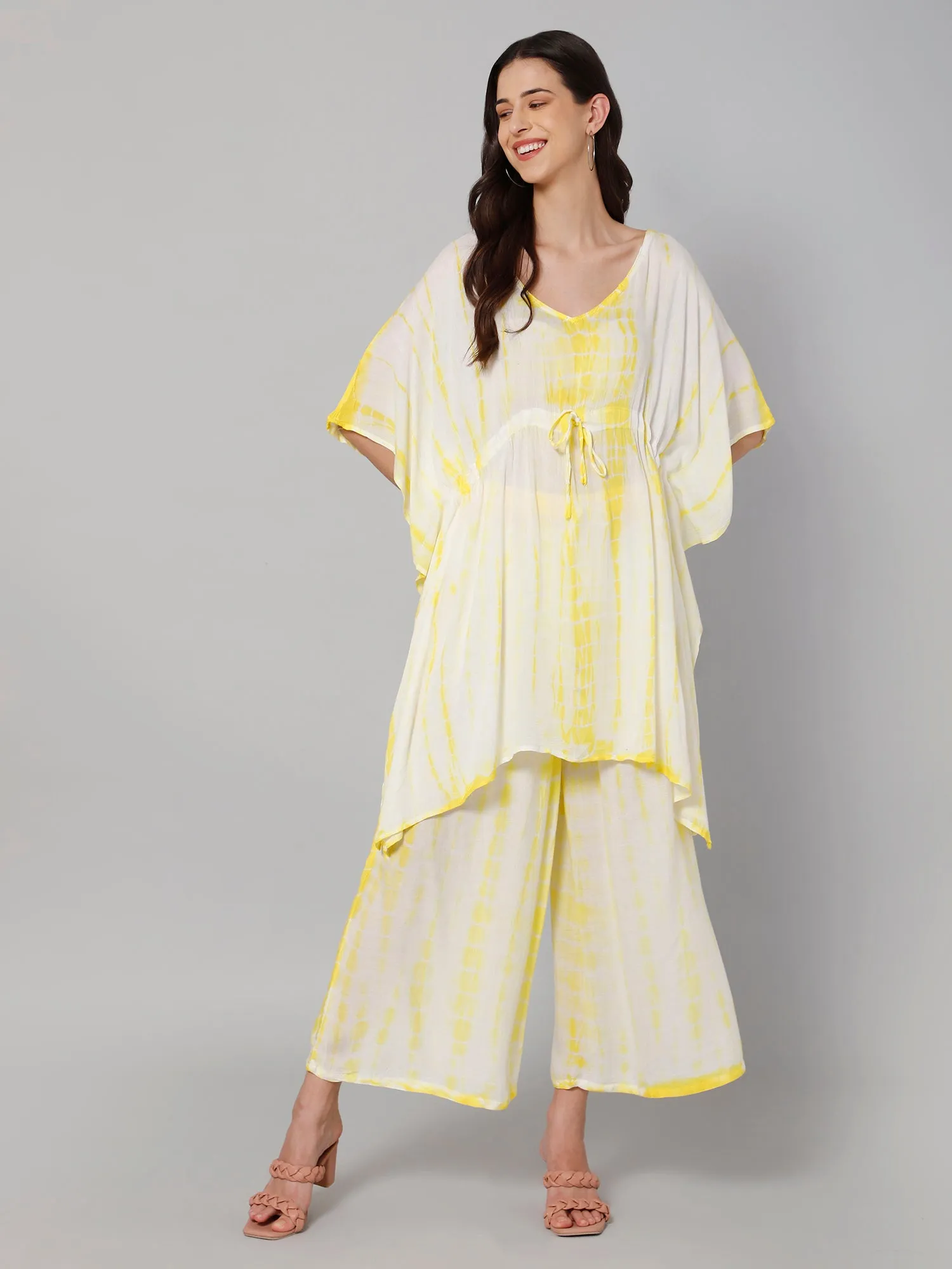 White & yellow tie and dye print viscose free size kaftan and palazzo set